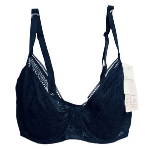Simone Perele 36D‎ Lightly Padded Underwire Black Lace Trim Bra NWT